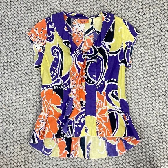 Sequel Abstract Paisley Tie Neck Panel Button Front Shirt Purple Multi 8 - Picture 12 of 12